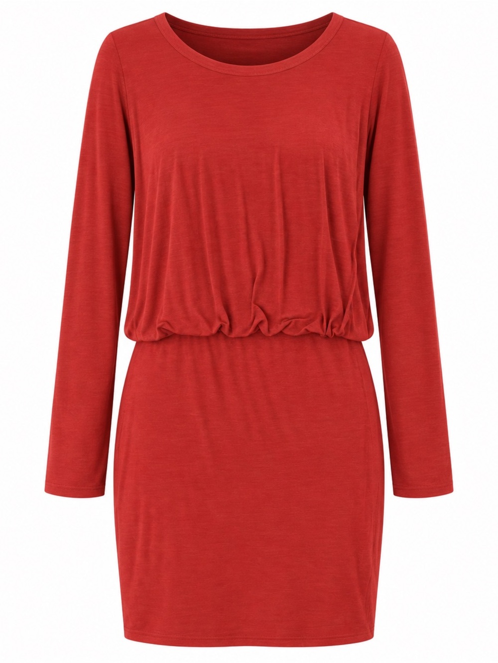 Long Sleeve Blouson Waist Dress in Brick Red